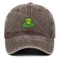 Close-up of high-quality frog and lotus leaf embroidery on vintage grey baseball cap - Coffee