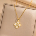 Golden lucky four-leaf clover necklace with white inlay and centered sparkling diamond - Gold White Necklace