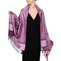 Elegant purple paisley shawl with fringe detail on model in black dress - Purple Jacquard (T003-61)