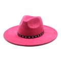 Detail of rose red suede fedora hat with black studded leather band and wide brim - M (56-59cm) / Rose Red