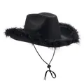 Chapeau de cowboy noir classique avec bordure en plumes douces et mentonnière réglable - Chapeau de Cowboy Noir