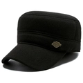 Men's winter wool military flat cap in black with vintage metal badge and ear protection - Adjustable / Black