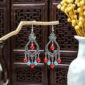 Bohemian turquoise drop earrings with vintage silver finish and red bead accents - E2876-1 Multicolor Hollow Dangle