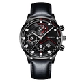 Business Herren Quarz Chronograph Uhr mit schwarzem Lederarmband und roten Details - Schwarzes Zifferblatt Silberne Zeiger Schwarzes Gehäuse