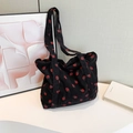 Large black corduroy tote bag with red strawberry print for women in a casual style - Black