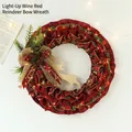 Christmas burlap wreath with red plaid, LED lights, wooden reindeer and pine cones - Red Wreath