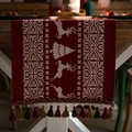 Red Christmas table runner with white reindeer jacquard pattern and colorful tassels - Red Deer Design With Red Tassels (do Not Machine Wash)