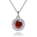 S925 sterling silver necklace with halo set round red gemstone pendant and white diamonds - Garnet Red 【White Gold】