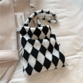 Furry checkered plush tote bag in black and white pattern with soft lamb wool texture - Black Argyle