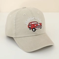Detail of vintage red car embroidery with Motor Club text on beige cotton baseball cap - 52cm (2-6 Years) / Off White