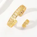 Gold plated open bangle and ring set with intricate hollow wheat leaf patterns - Mesh Hollow Style (Bracelet+Ring 1)