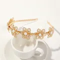 Detail of golden metal flower headband with delicate mesh petals and white center pearls - Metal Headband-6 Large Flowers