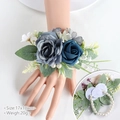 Blue wedding wrist corsage with artificial roses and double pearl elastic bracelet - Wrist Corsage / Haze Blue
