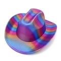 Detail view of the colorful rainbow metallic texture on the western party cowboy hat - Style 3