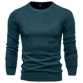 Detail of teal crew neck knit sweater showing ribbed collar and fine knit texture - Dark Green