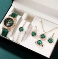 Detailed set of green leather watch and gold jewelry with green gemstones in a gift box - Green