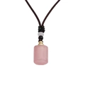 Pink stone cylinder perfume bottle necklace with brown braided rope on white background - Rose Quartz + 35CM Rope