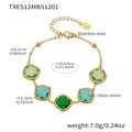 Gold stainless steel bracelet with five green square glass stones and size annotations - Bracelet / Gold Green Mix