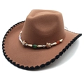 Brown wool felt cowboy hat with black braided brim and bohemian beaded band for unisex - M (56-58cm) / Khaki