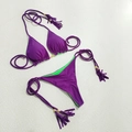 Purple and lime green contrast bikini set with braided straps and fringe tassels - S / Dark Purple+Green