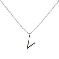 Macro detail of a silver stainless steel necklace featuring a two-tone letter V pendant - Letter V