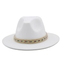 Close-up of white wool fedora hat featuring a colorful geometric embroidered band decoration - White