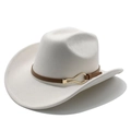Detail of ivory wool felt western cowboy hat with brown leather band and gold buckle - M(56-59CM) / Off White