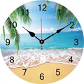 Round wooden wall clock with tropical beach ocean scenery and palm tree leaves design - Waves Coconut Tree