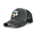 Detailed side view of washed denim trucker hat with football embroidery and mesh back - Black