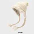 Handmade khaki knit trapper hat with white faux fur trim and fluffy pom-pom details - M (54-58cm) / Khaki