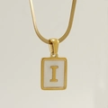 Gold rectangular shell pendant necklace with letter I detail on flat snake chain - Letter I