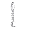 Silver belly button ring with crescent moon and three dangling stars inlaid with white zircons - Star Moon Style (Silver)