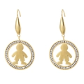 Golden round dangle earrings with sparkling stones and hollow boy silhouette design - Gold Little Boy Style (KE79898-GC)