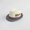 Kids cream and blue straw fedora hat with cute cartoon patch for summer beach sun protection - 52cm (2-7 Years) / Milk White Blue