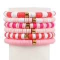 6-piece set of Bohemian colorful heishi clay bead stretch bracelets in red and pink - Red Pink & White Series