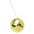 Golden disco ball cup with straw, featuring reflective hexagonal facets on white background - Gold