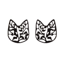 Fashionable black hollow cat head stud earrings with intricate floral pattern on white background - Black