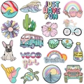 Set of 16 colorful embroidered patches featuring waves, rainbows, and turtles for clothing - 18Pcs Set-A