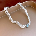 Double-layer white pearl necklace with a silver-plated square blue gemstone pendant - 12 Necklace-White-Blue