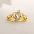 Detailed close-up of 18K gold plated crown ring with pear-shaped cubic zirconia stone - Adjustable Open / Pear-Cut Main Stone Crown Style (13311)