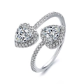 Elegant silver open ring with double heart-shaped crystals and sparkling pave diamond settings - J0327-Double Heart Open Pave