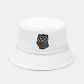 Detailed view of owl embroidery on a white cotton bucket hat with parallel stitching - Blue Owl White