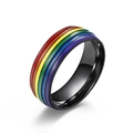 Close-up of black stainless steel ring with vibrant rainbow enamel stripes detail - US 7 / Black