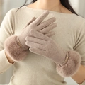 Women winter thermal gloves in light beige with thick faux fur cuffs and fashion charm - Khaki [Knitted Upgrade]