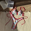 Women's floral leopard print two-piece bikini with red contrast trim and adjustable ties - Red Floral
