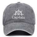 Retro washed grey baseball cap featuring white Captain embroidery and ship wheel logo - Adjustable / Gray
