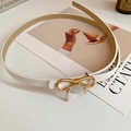 Slim white leather belt with a golden metal bow buckle for women's elegant fashion outfits - 63# Waist Chain - White Bow