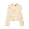 Cremefarbenes Langarmshirt für Damen mit Rüschen, Lagenfalten und strukturierter Optik - XS / Gebrochenes Weiß