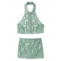 Women's green two-piece resort set with white floral embroidery and halter neck top - S / Light Green