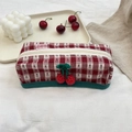 Detail of red cherry embroidery and plaid fabric on high-capacity stationery bag - Makeup Box / Red